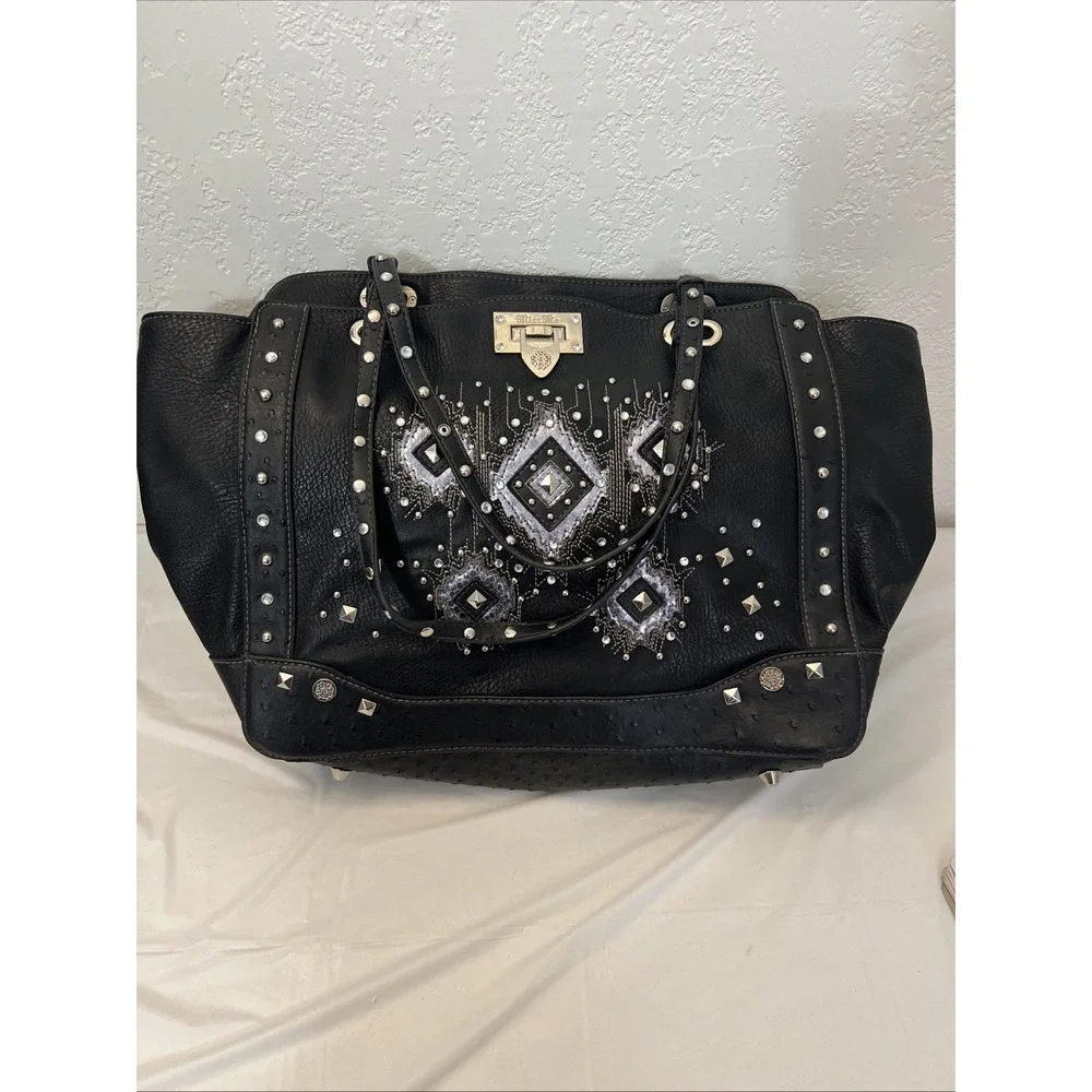 MISS ME Bling Faux Leather Messenger Computer Bag 20 X 12.5 X 5.5 Embellished‎